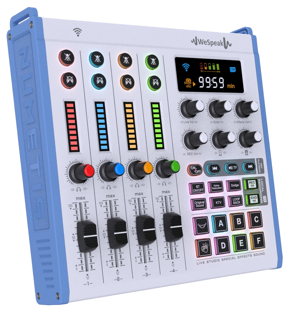 NUMETIS WeSpeak mixer met gekleurde kanalen en faders