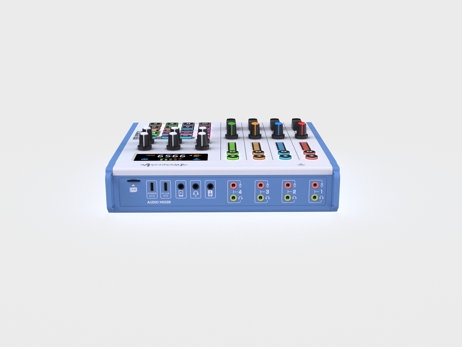 Aansluitingen van de WeSpeak mixer voor microfoons en hoofdtelefoons