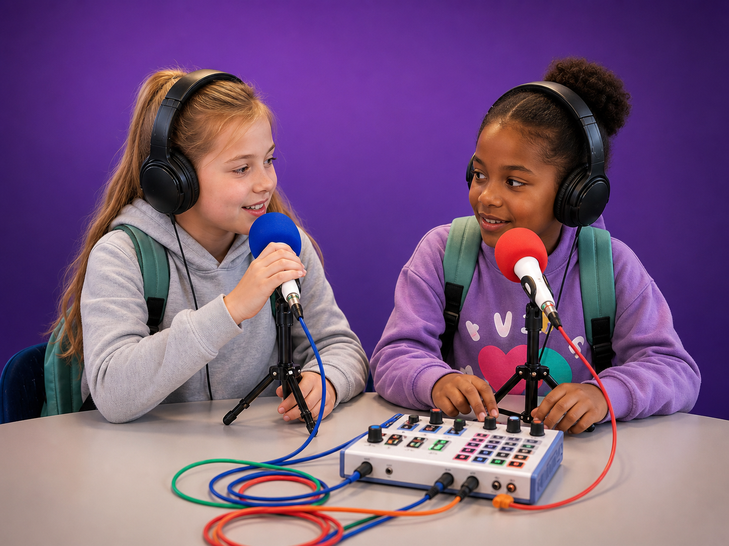 Twee leerlingen maken samen een podcast met microfoons en koptelefoons