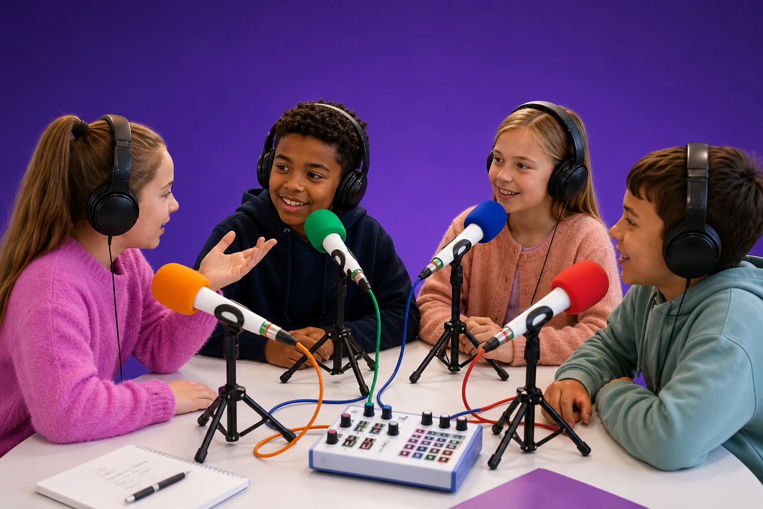 Leerlingen nemen samen een podcast op